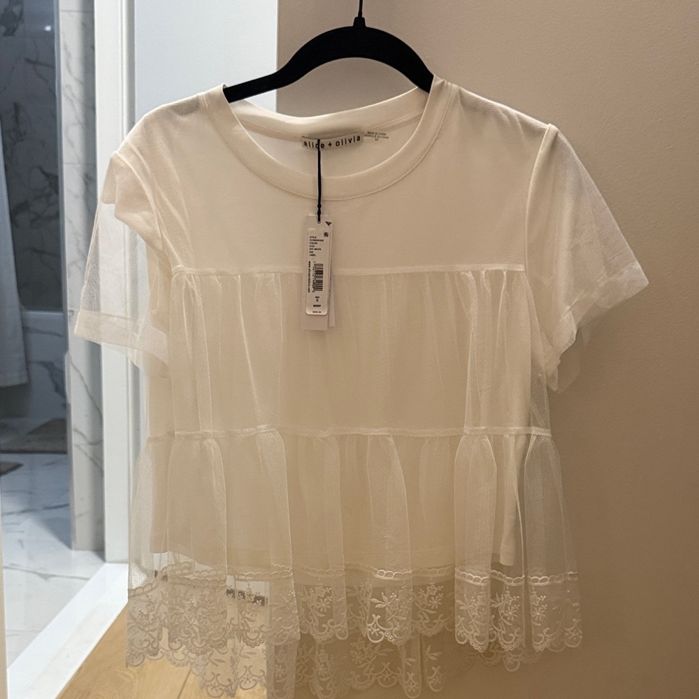 Alice + Olivia Sheer White Lace Blouse